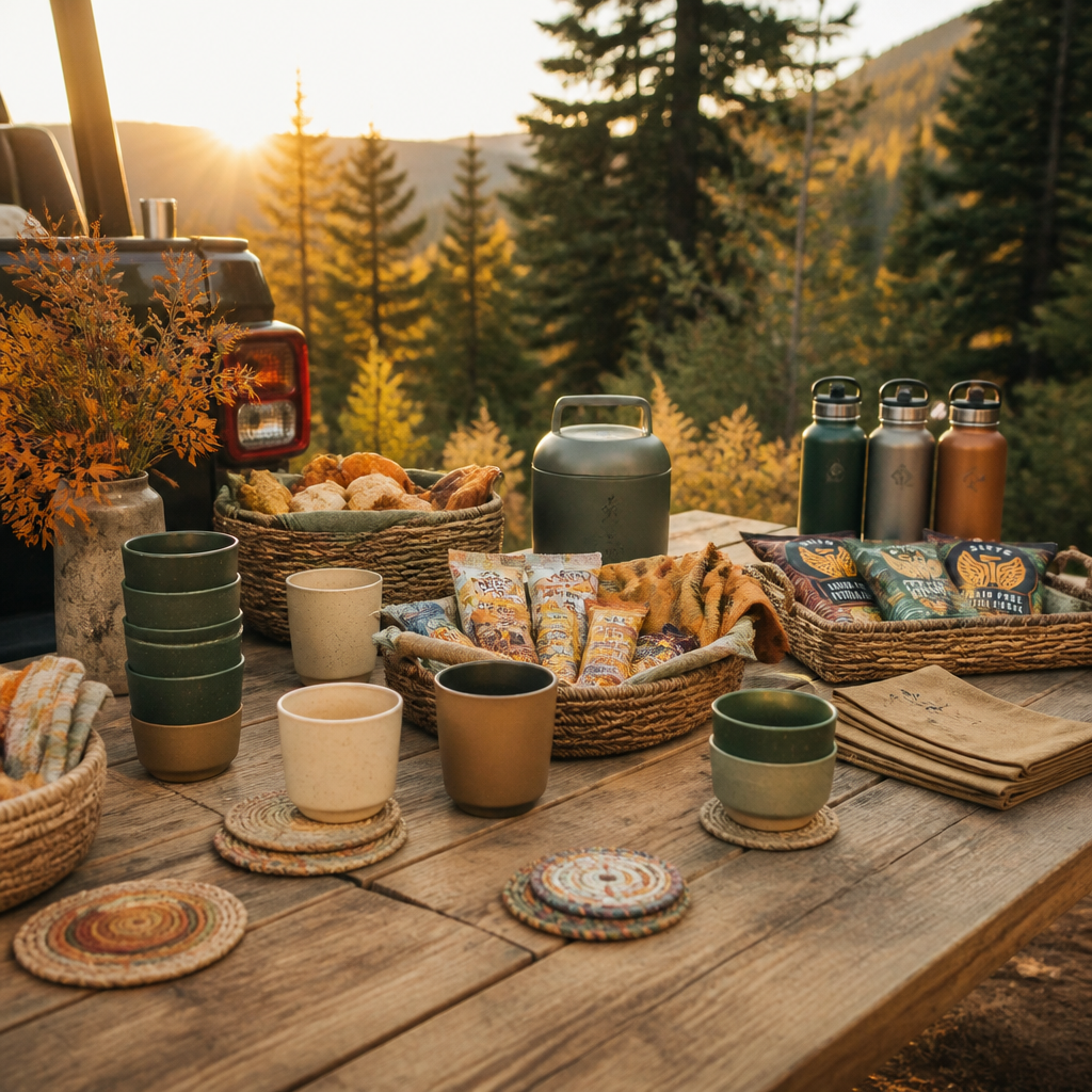 Table display of handcrafted and eco-friendly tailgate accessories in natural materials
