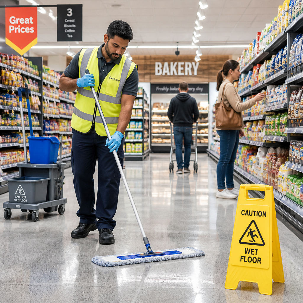 Retail cleaner mopping supermarket aisle during business hours with customers shopping - Retail Store Cleaning