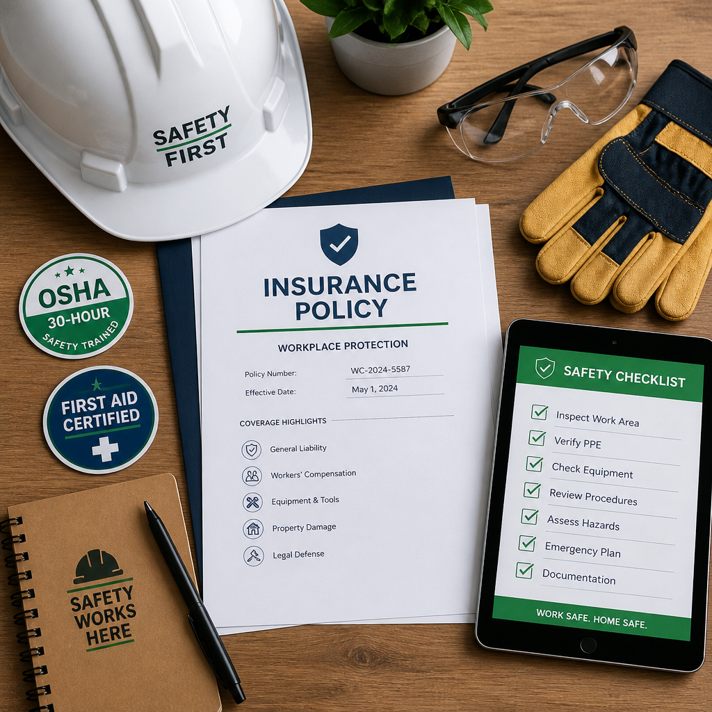 Safety equipment, certification documents, and checklist for professional window cleaning service