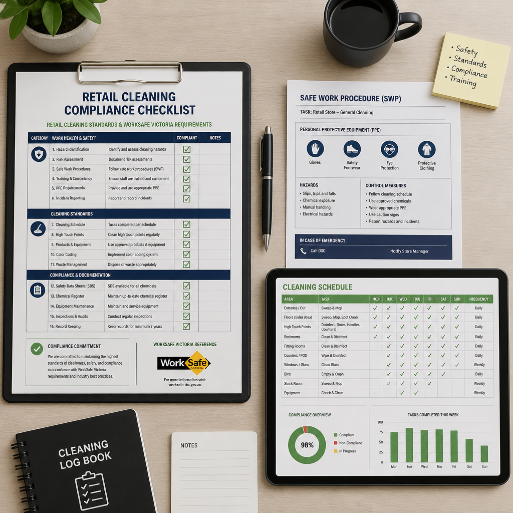 Compliance documentation and scheduling materials for retail store cleaning standards 