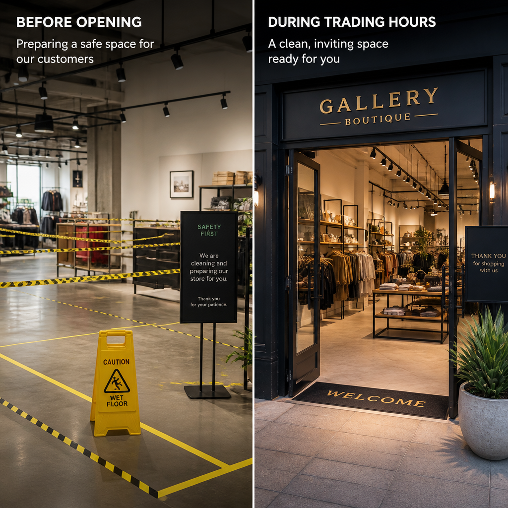 Safety-managed retail cleaning zones with clear warnings and pristine storefront presentation - Retail Store Cleaning