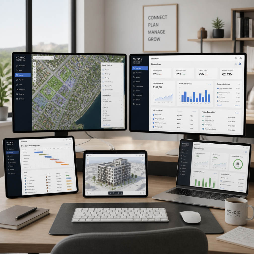 Skærmbillede af et GIS-kort med ejendomsdata åbnet på en computer i et kontormiljø