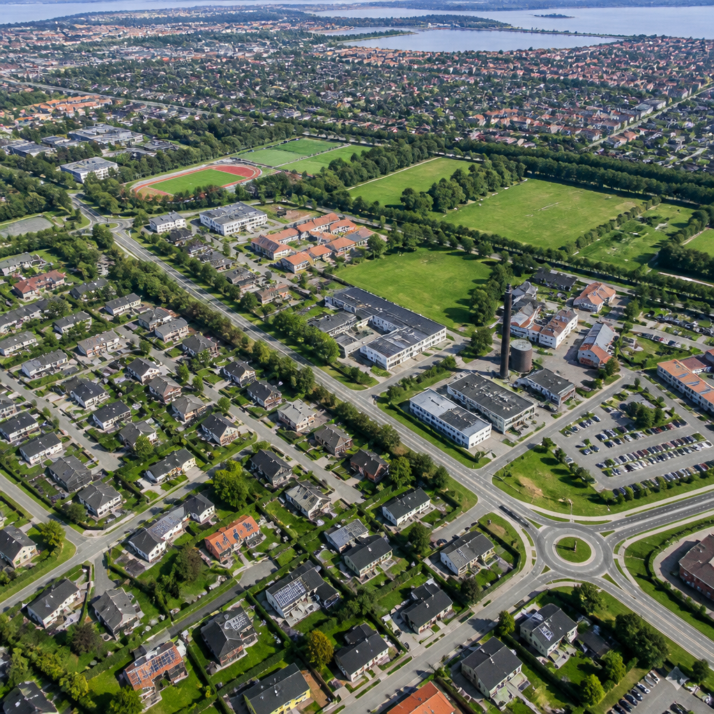 Lodret luftfoto af et dansk boligområde med tagflader, veje og grønne arealer