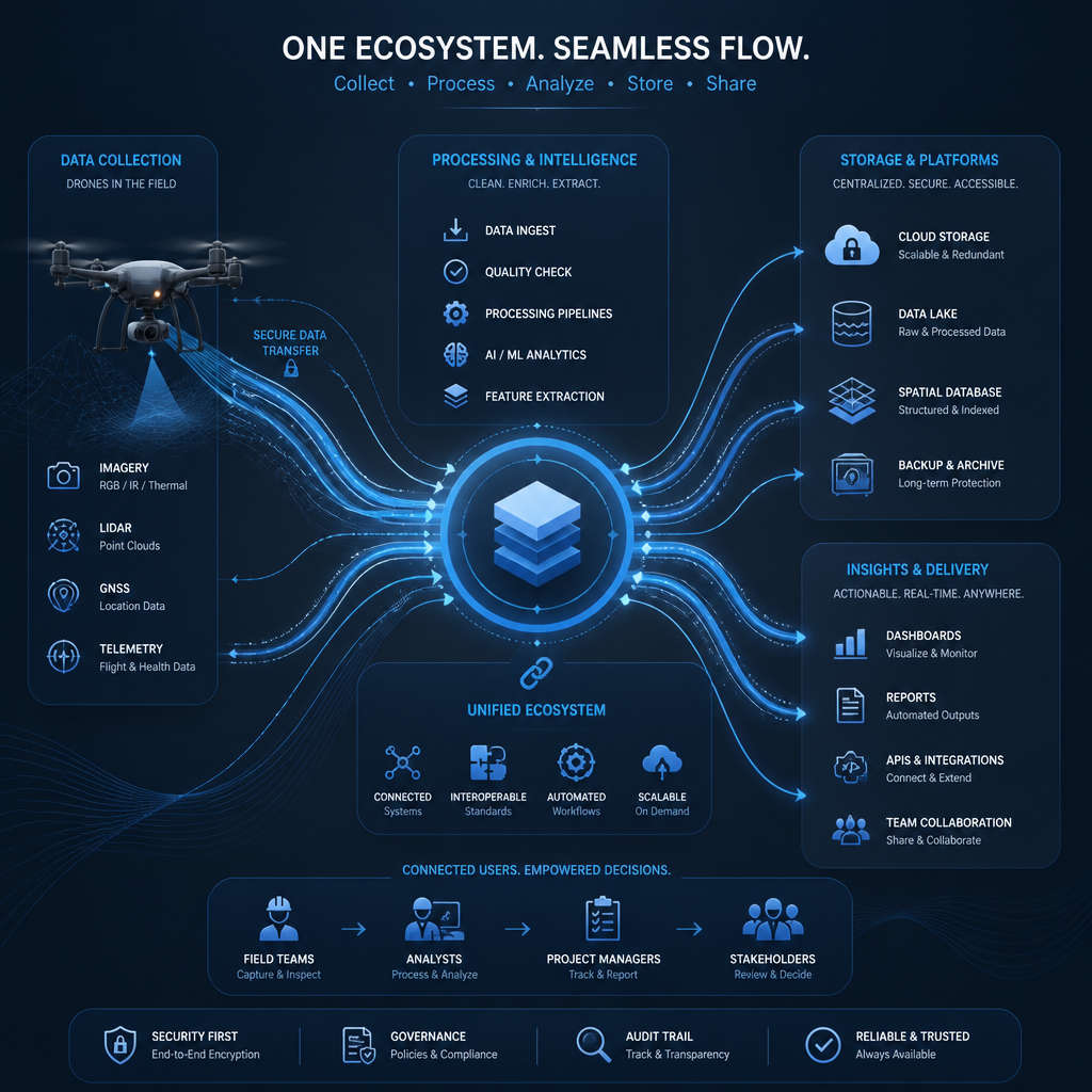 Grafisk illustration af dataflow fra droneoptagelse over bearbejdning til arkiv