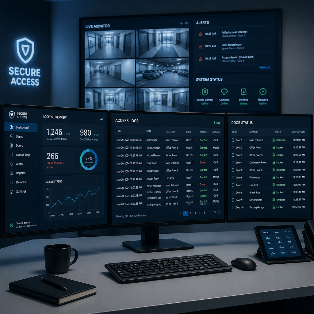 Digital dashboard showing gate access control monitoring system with multiple screens