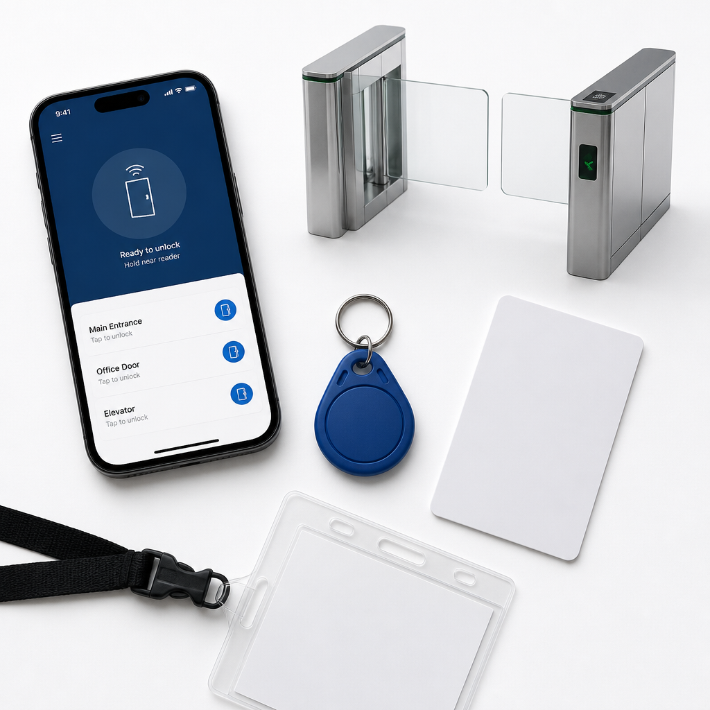 Collection of different gate access methods including app, fob, and card credentials