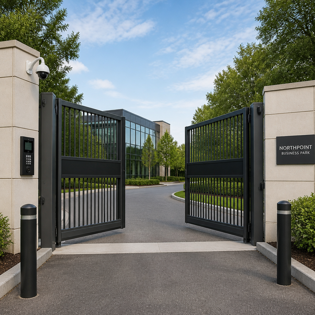 Modern gated entrance with installed security hardware and automatic gate system