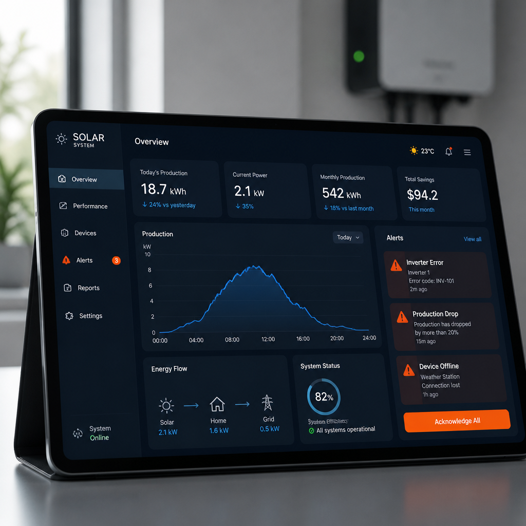Solar monitoring dashboard with performance alerts and declining energy production graphs
