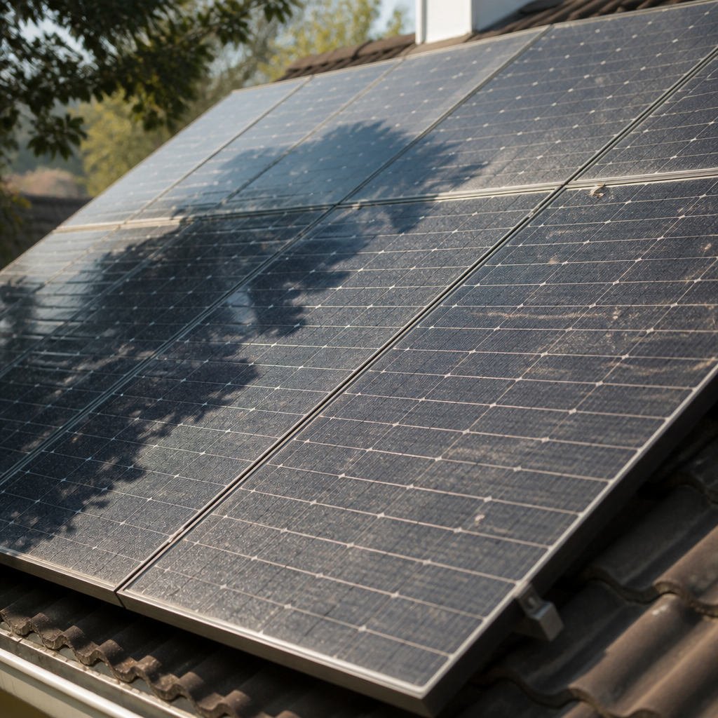 Solar panels on residential roof with visible dirt buildup and tree shade obstruction