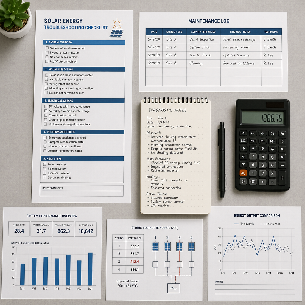 Solar system maintenance checklist and diagnostic documents arranged on workspace surface