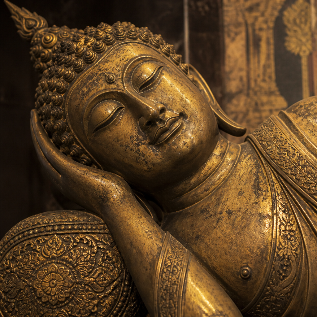 Detailed close-up of a bronze reclining Buddha statue showing the face and upper body with gilded details