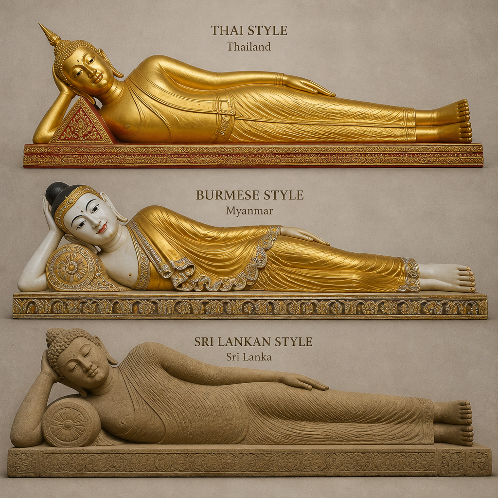 Three different reclining Buddha statues displayed together showing regional stylistic differences