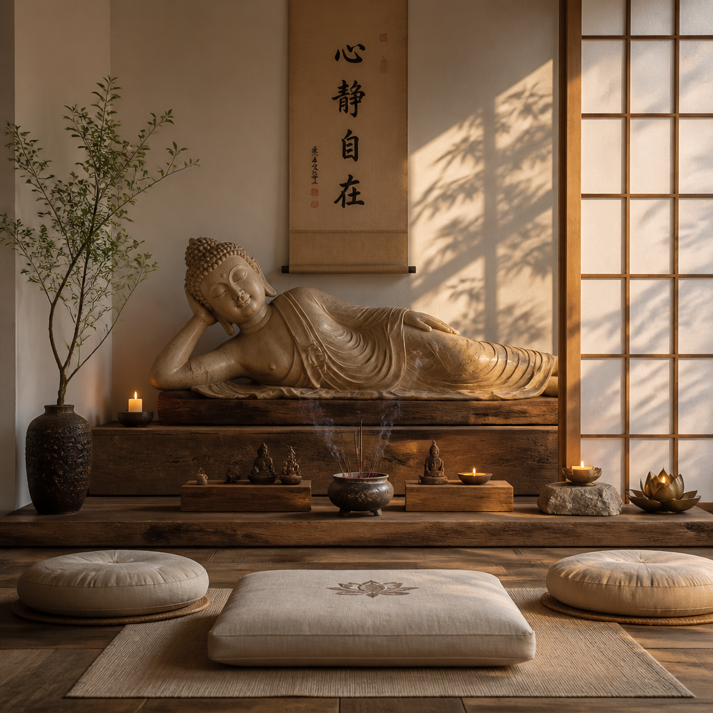 Reclining Buddha statue in a peaceful home altar setting with meditation accessories and natural lighting