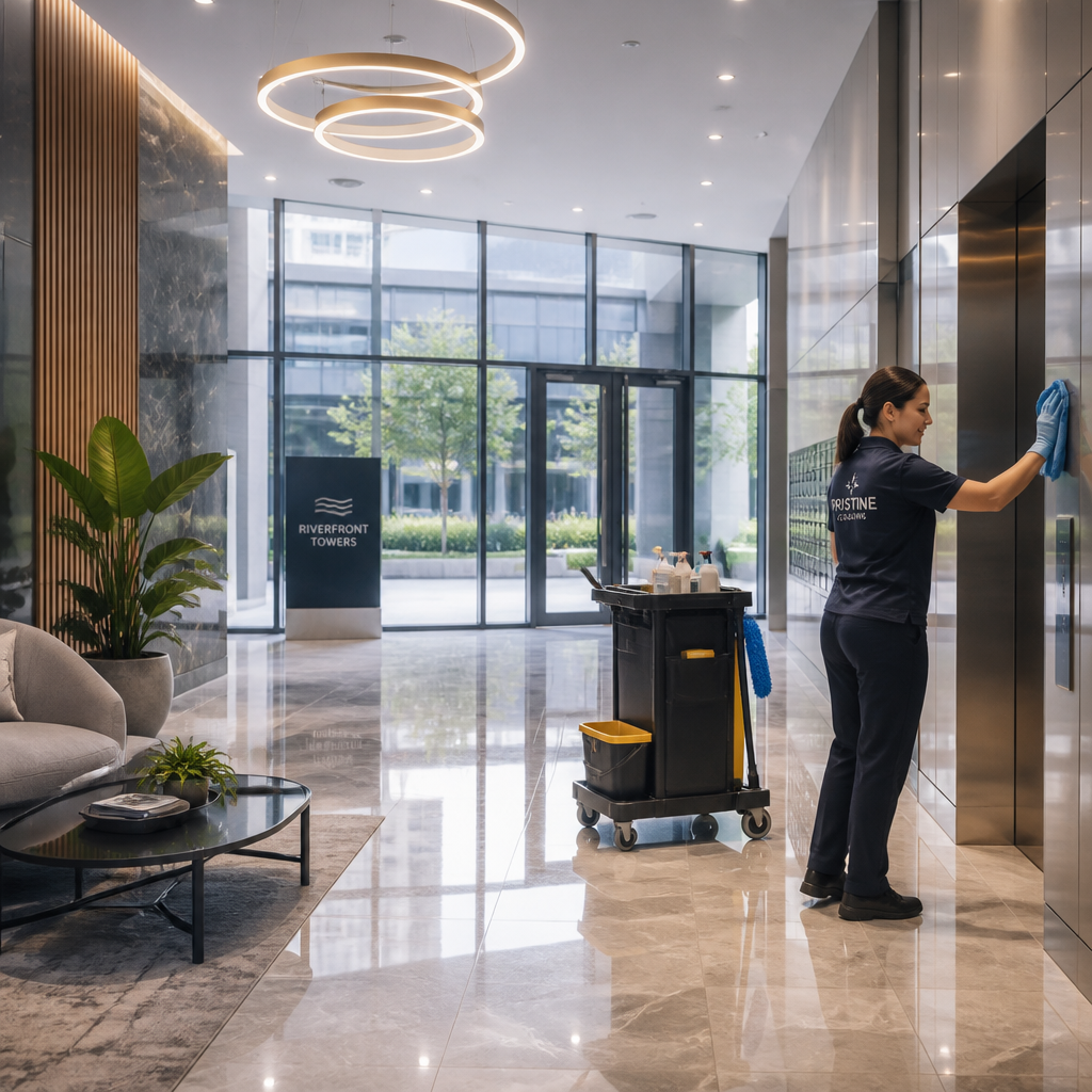 Strata Cleaning Melbourne: Keeping Common Areas Spotless Professional strata cleaner maintaining a spotless modern lobby with polished floors and contemporary fixtures - strata cleaning Cranbourne