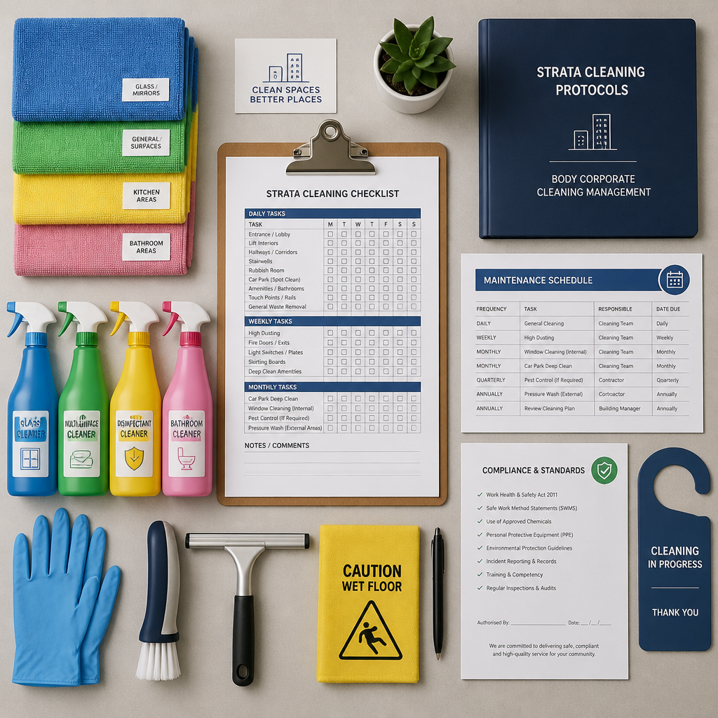 Strata Cleaning Melbourne: Keeping Common Areas Spotless Organized strata cleaning supplies and compliance documentation arranged on a desk surface - strata cleaning Richmond