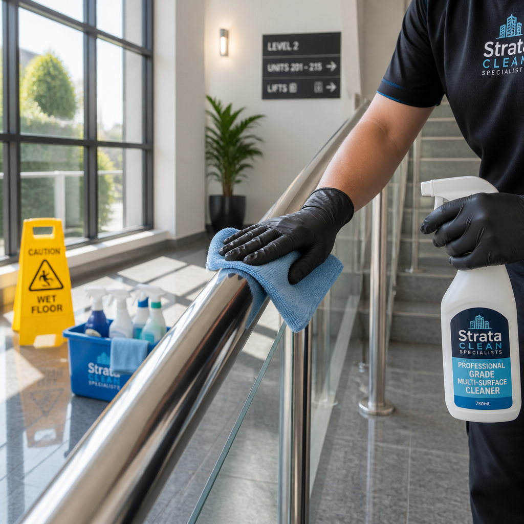 Strata Cleaning Melbourne: Keeping Common Areas Spotless Detailed view of professional cleaning of strata building surfaces showing polish and shine - strata cleaning Glen Waverly