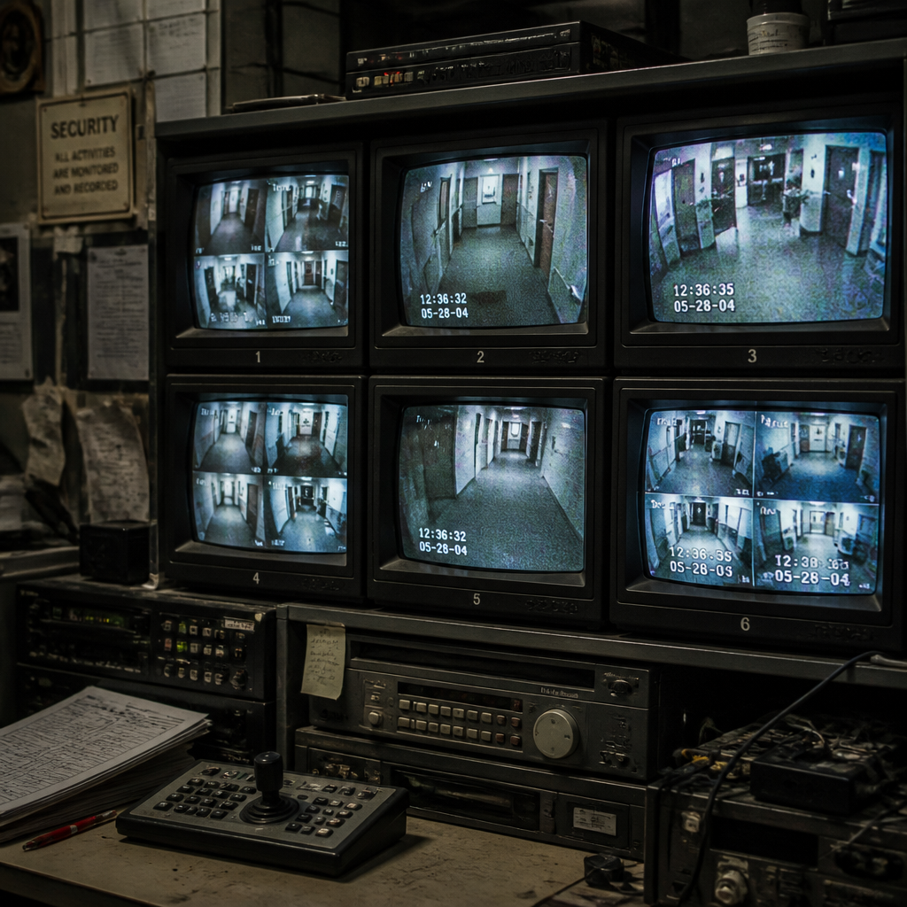 Outdated security control room with grainy analog monitors and aged DVR equipment