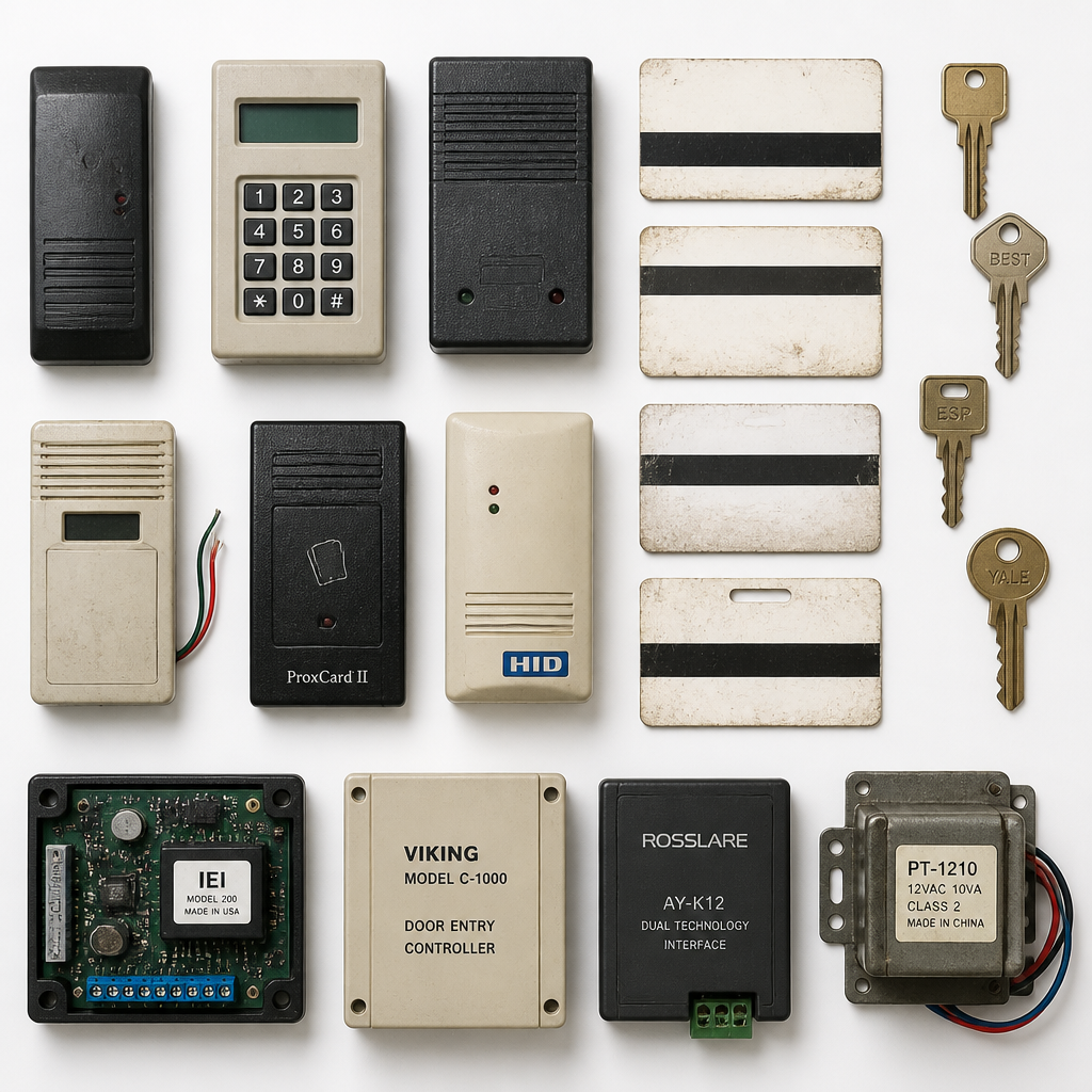 Arrangement of outdated access control items including magnetic cards and physical keys