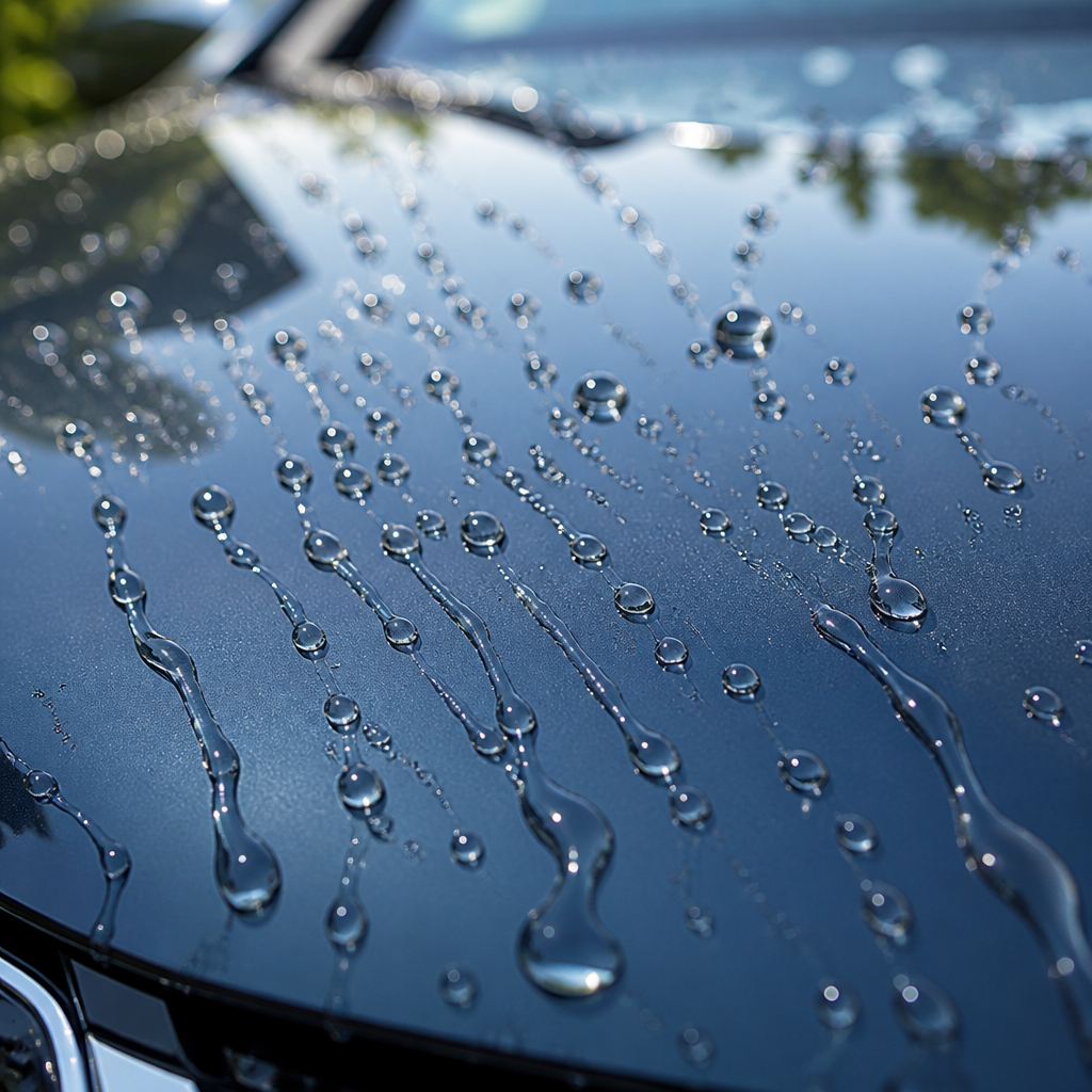 Water droplets beading on a car's protective coated surface