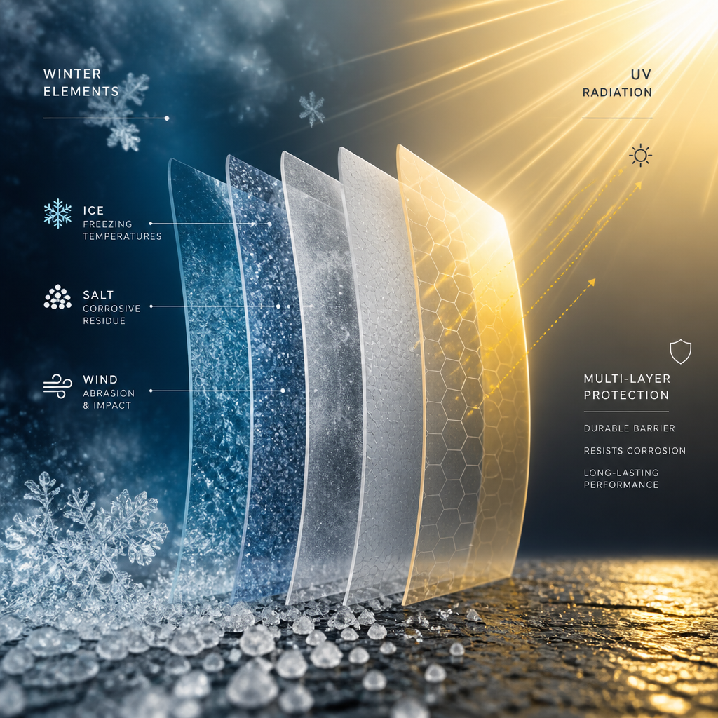 Abstract representation of winter weather elements and protective barrier