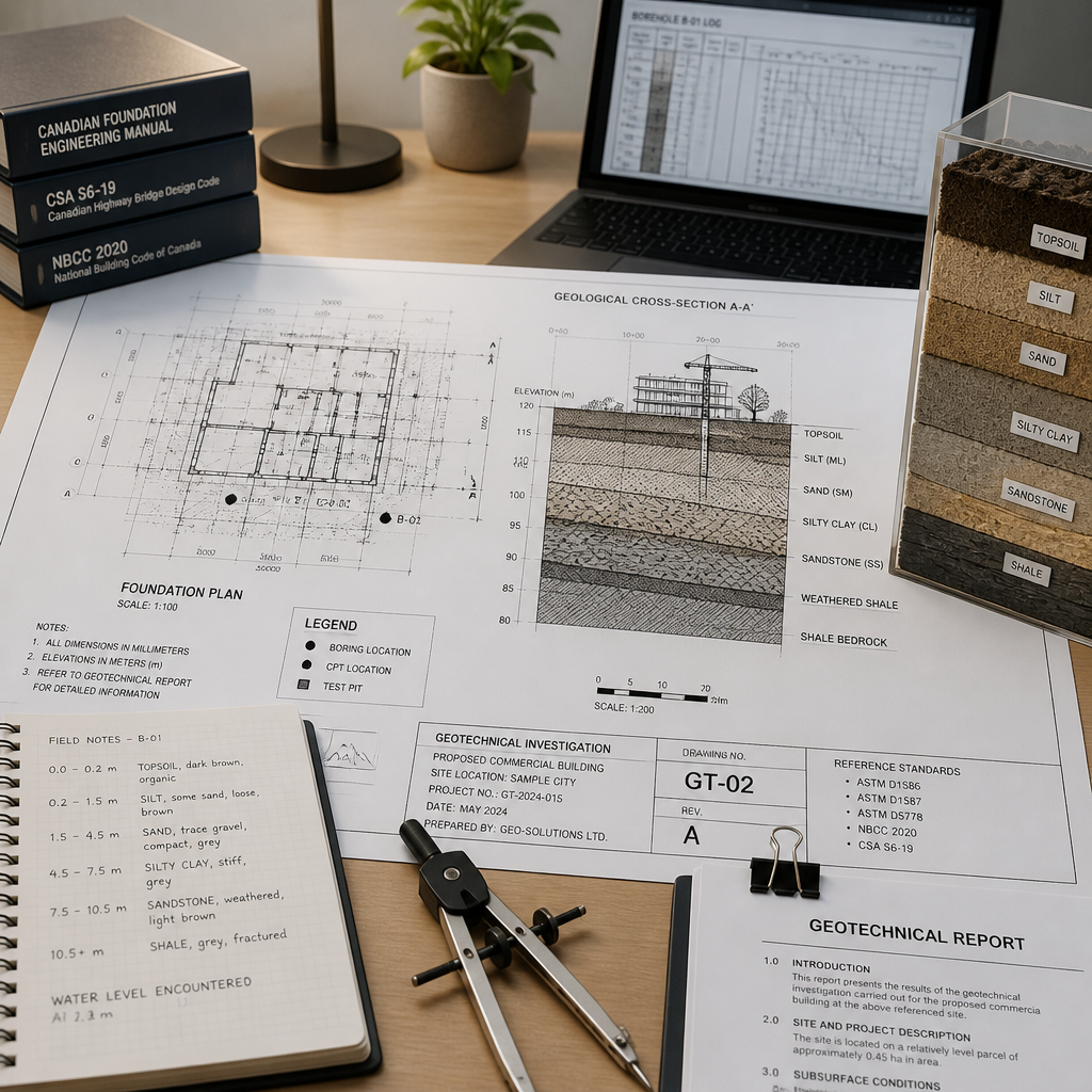 Espace de travail professionnel avec plans géotechniques et documents d'étude de sol