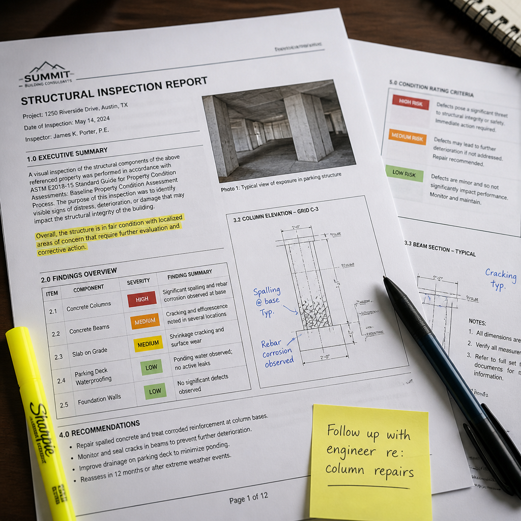 Defect inspection report pages displayed with severity category markings and technical documentation