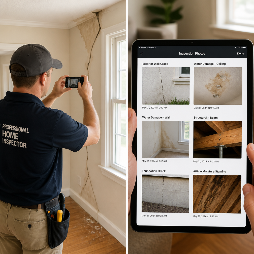 Home inspector documenting building defects through photography for inspection report