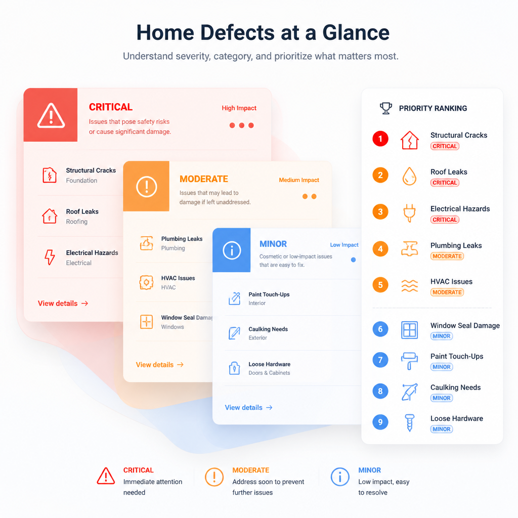 Visual hierarchy diagram of defect severity categories and priority levels for home inspection