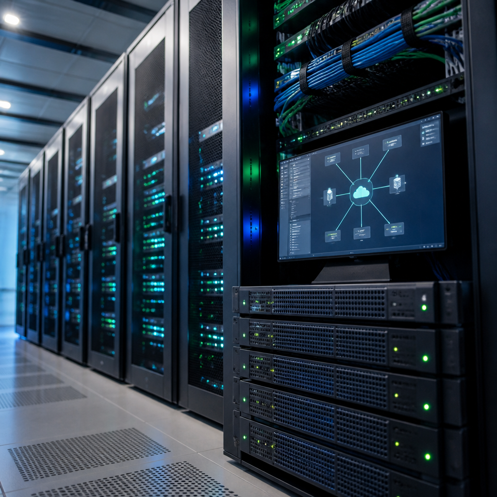 Moderne serverrum med organiserede databeskyttelsessystemer og blåt netværkslys