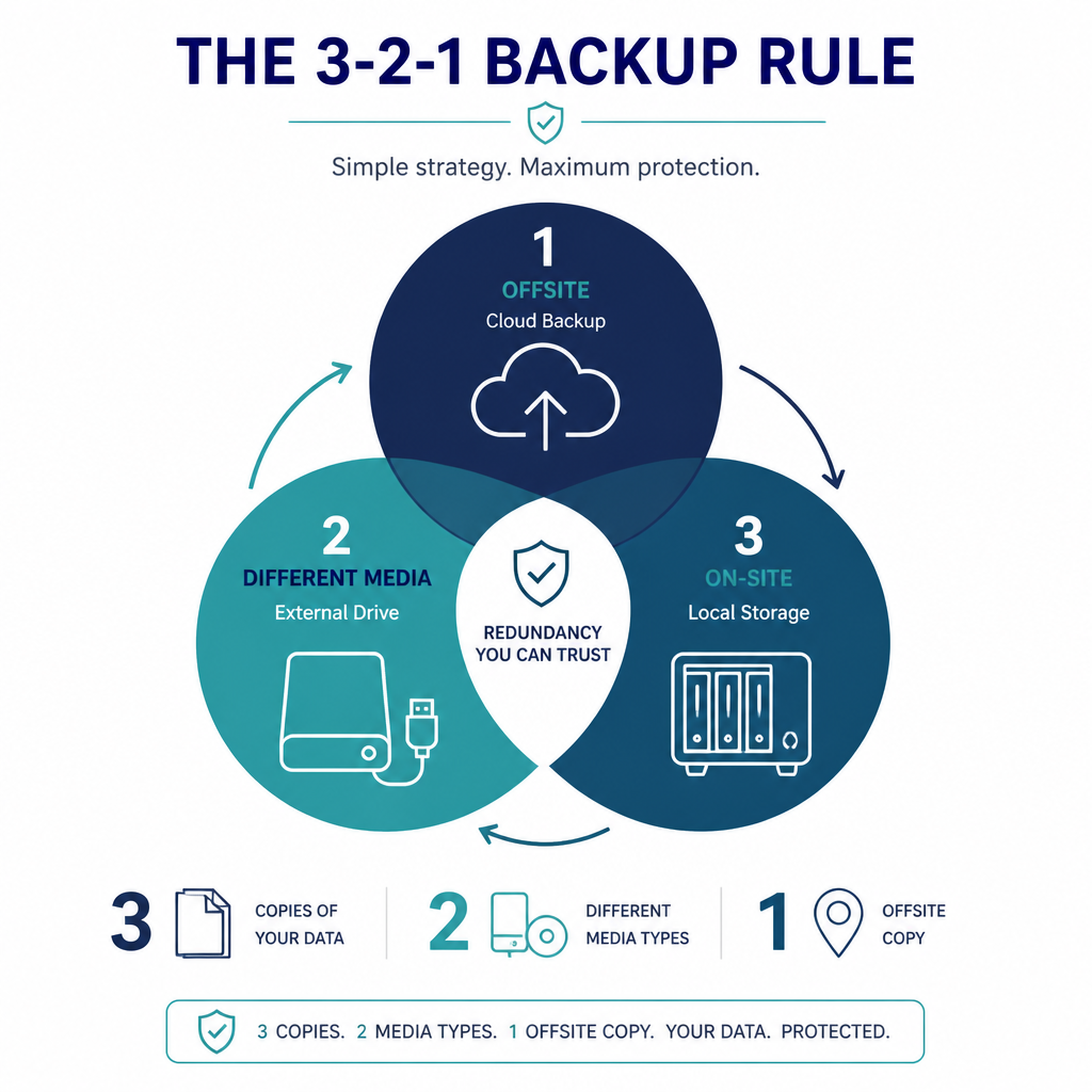 Grafisk illustration af 3-2-1 backup-reglen med tre datasikkerhedslag