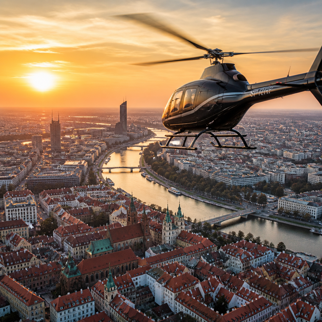 Widok miasta z powietrza durante golden hour z helikopterem