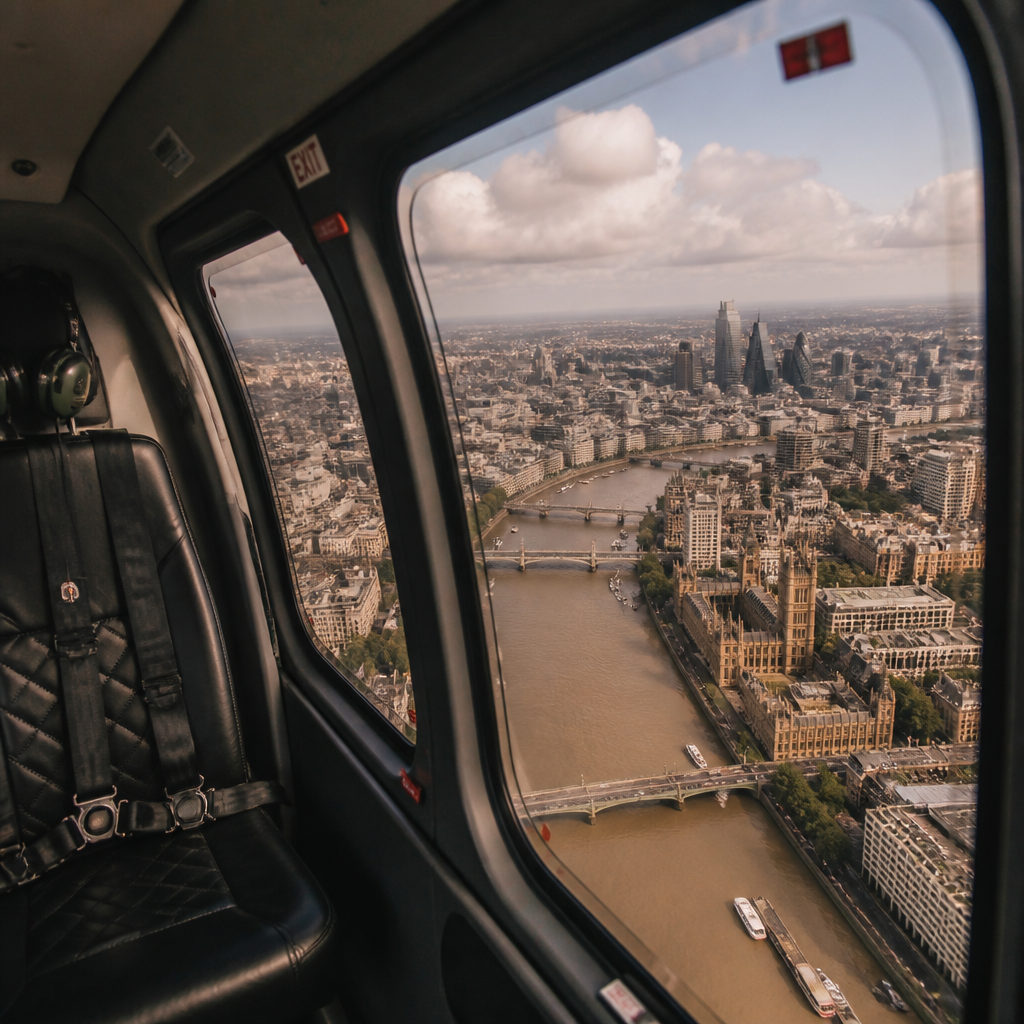 Widok z wnętrza helikoptera na krajobraz miasta