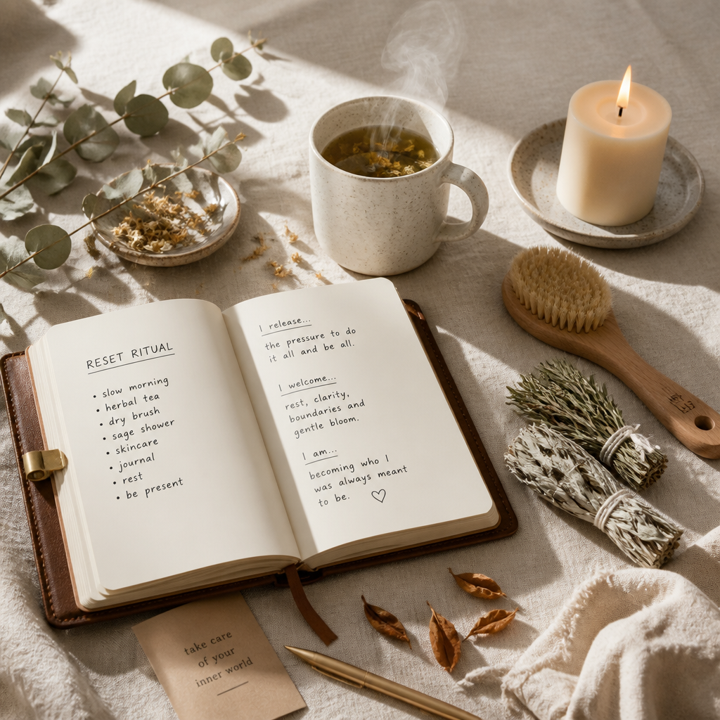 Flat lay of self-care reset essentials including journal, tea, botanicals, and candle on cream linen