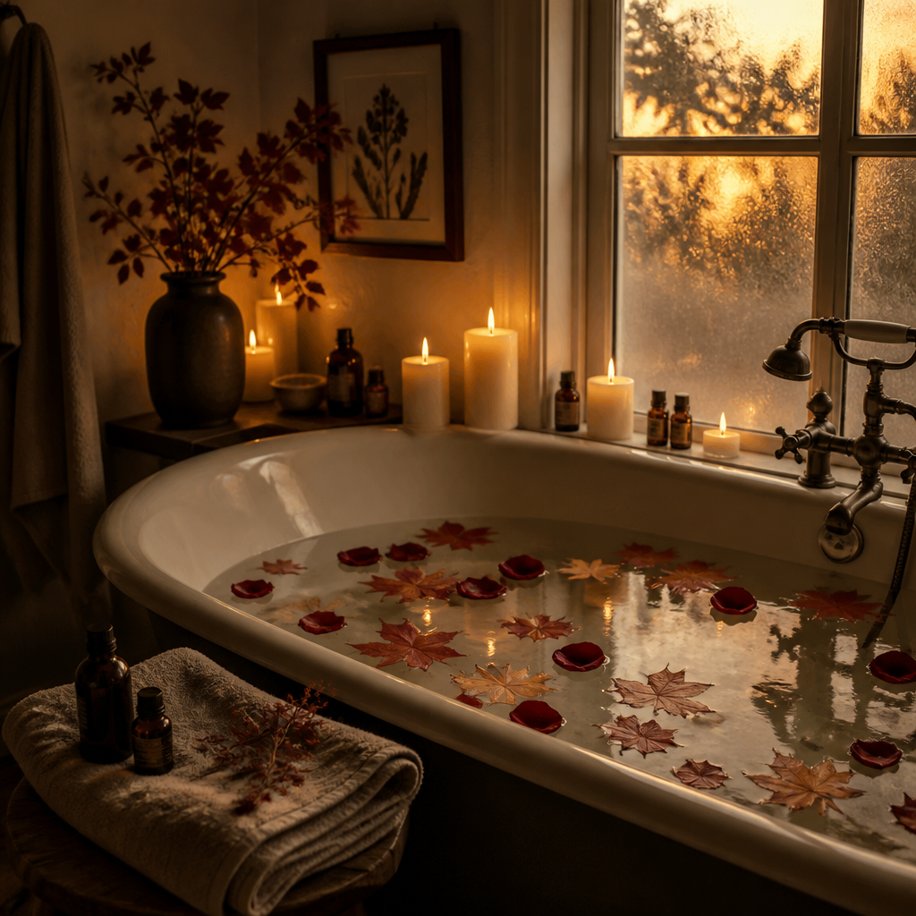 Luxurious autumn bath setup with candles, floating petals, and soft golden lighting