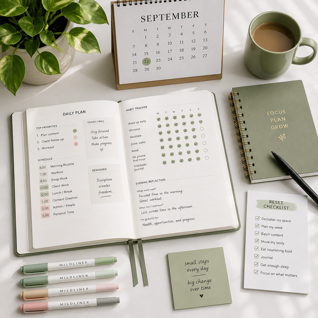 Organized planner and workspace setup demonstrating September routine planning and habit tracking