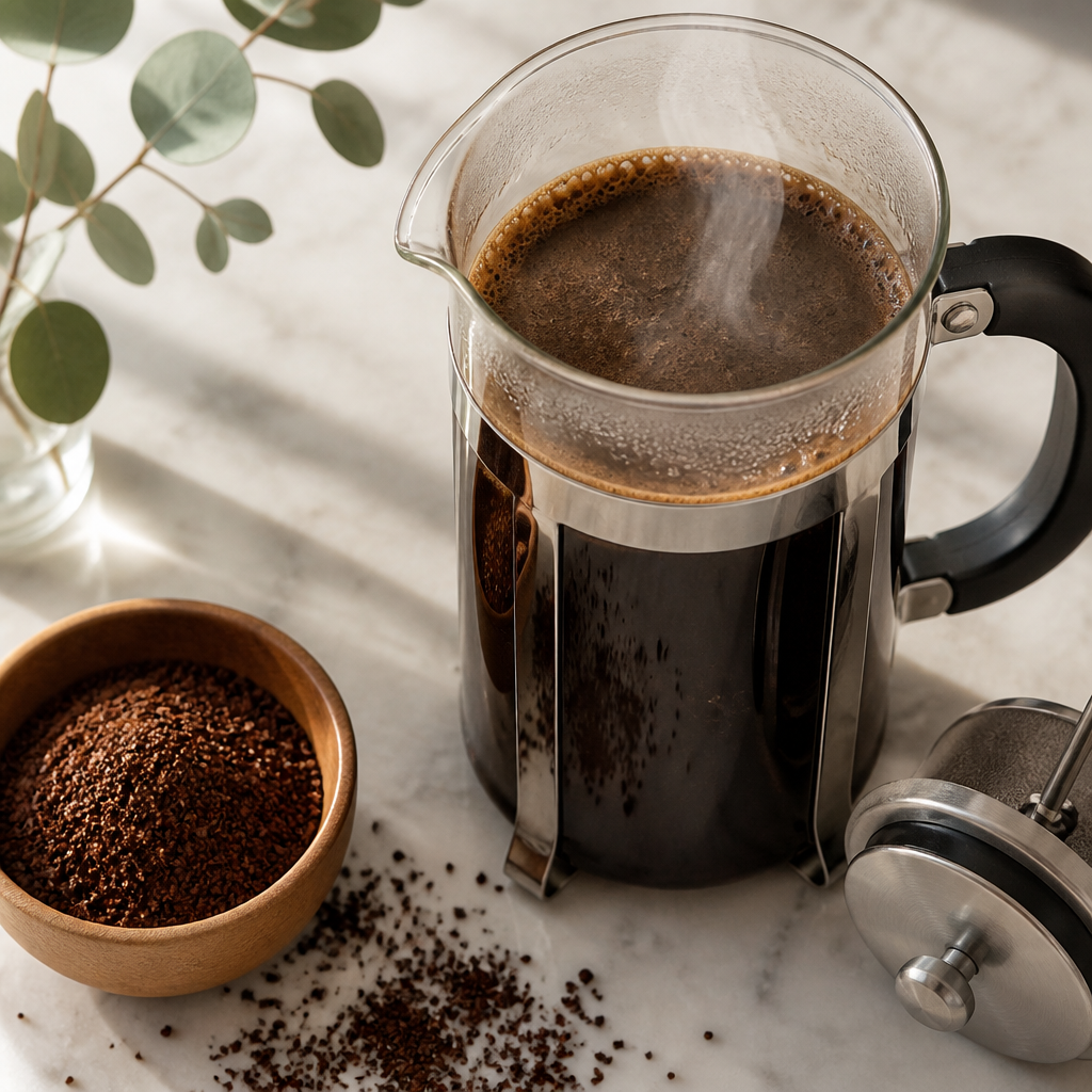 Close-up of a glass French press with dark coffee and scattered coffee beans on a marble surface