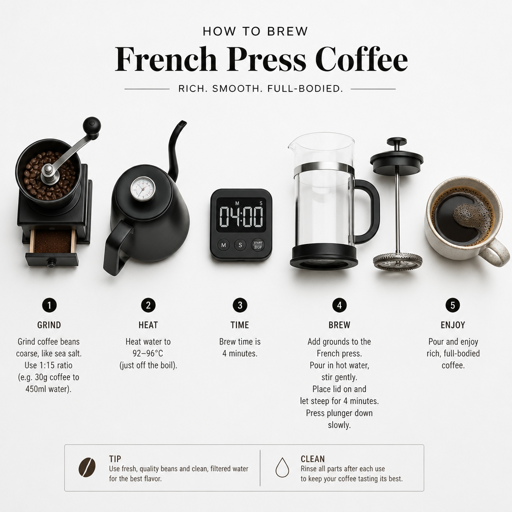 Flat lay of French press brewing steps arranged in sequential order from left to right