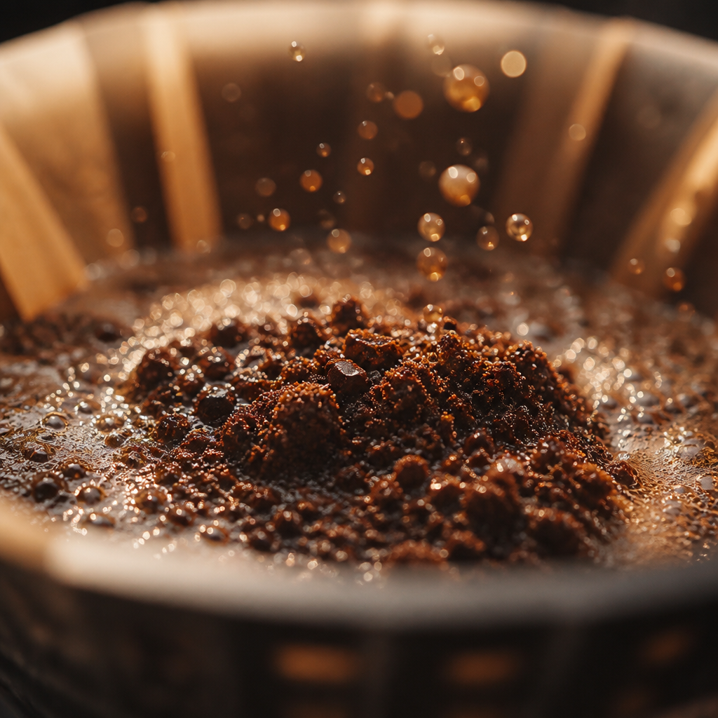 Macro photograph of coffee grounds during the bloom phase with water droplets