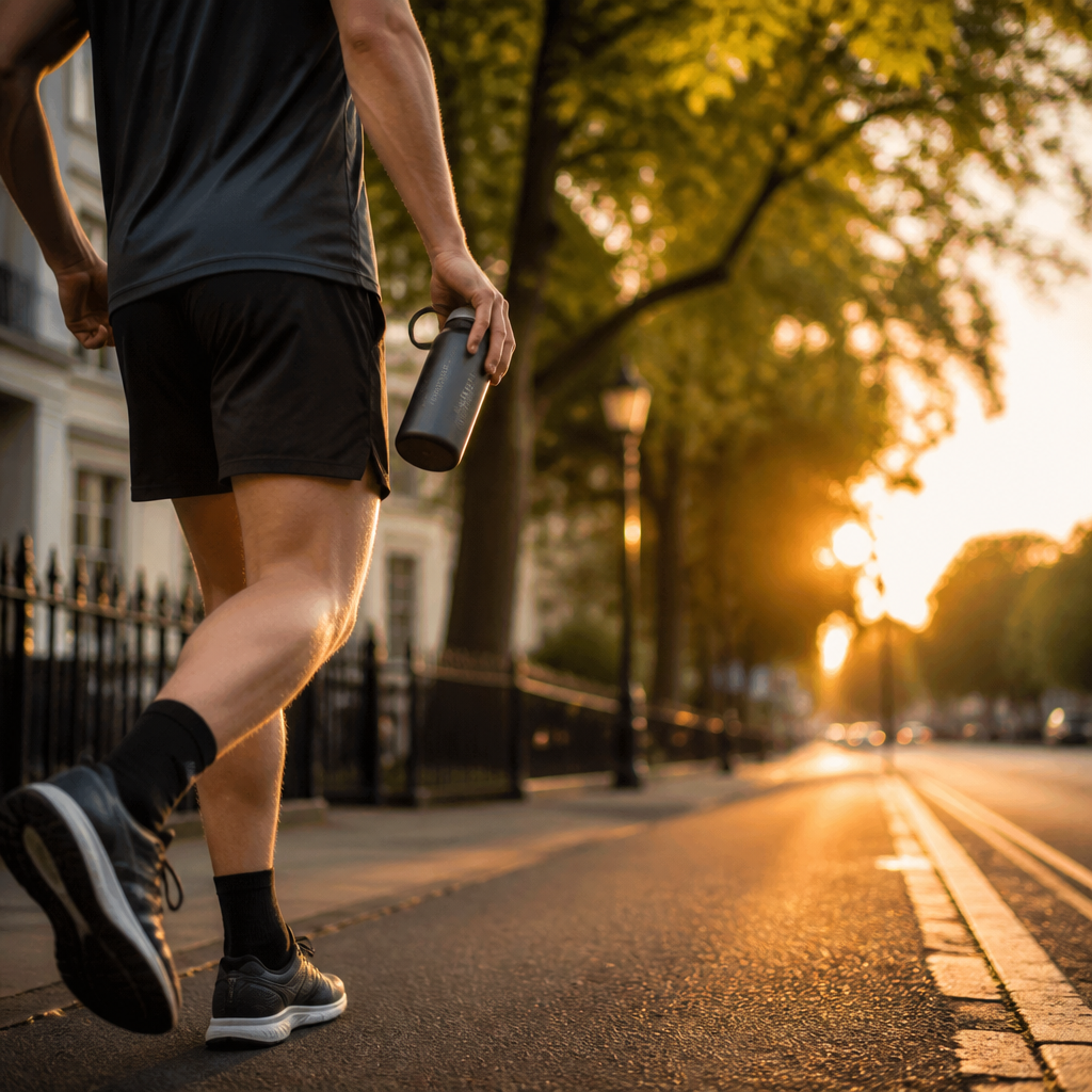 Active person hydrating during evening run in urban UK park