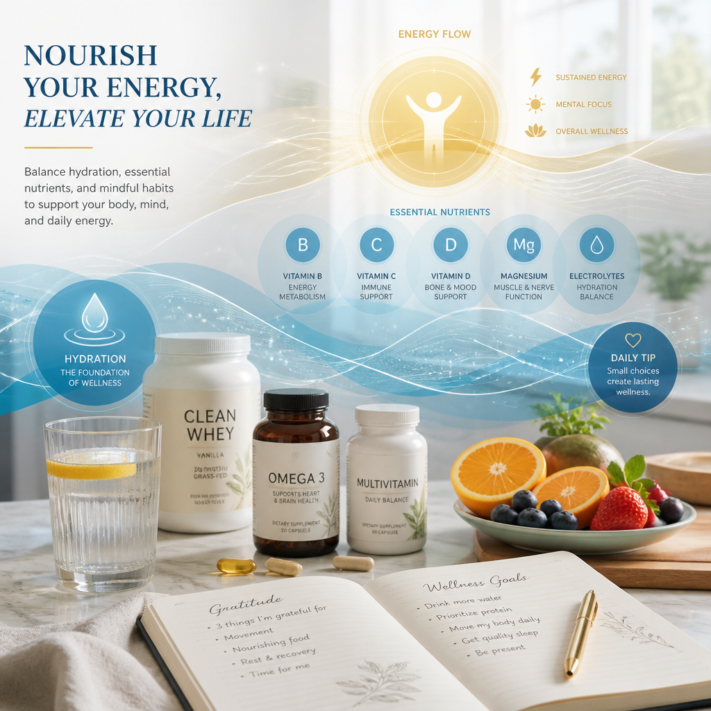 Abstract wellness visual with hydration, vitamins, and lifestyle balance elements