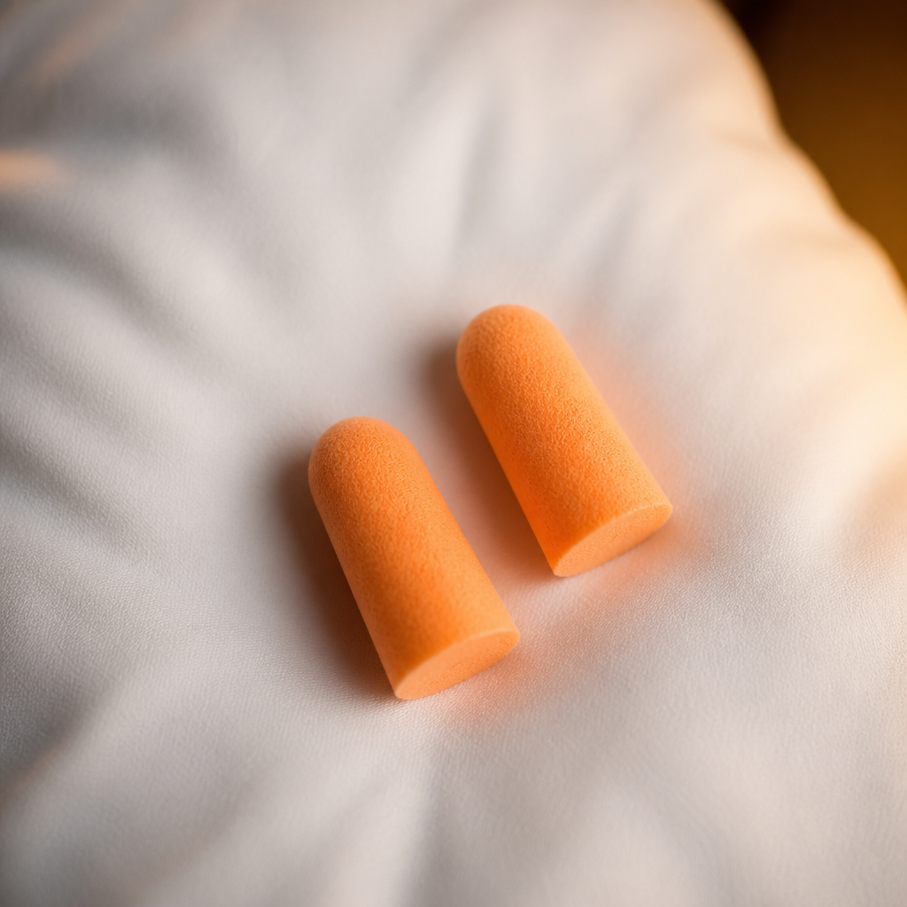 Foam ear plugs on a white pillow in soft bedroom lighting