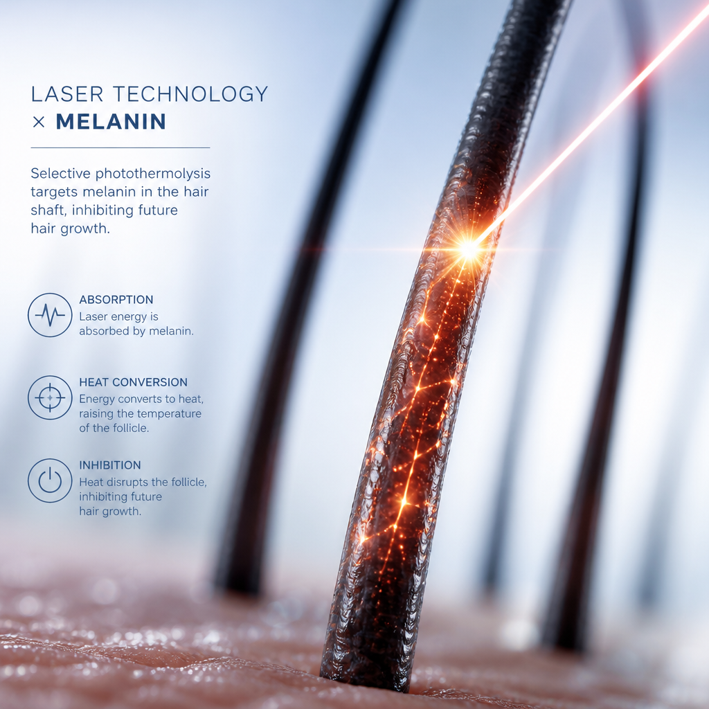 Macro view of dark hair strands illuminated by laser light, demonstrating melanin absorption
