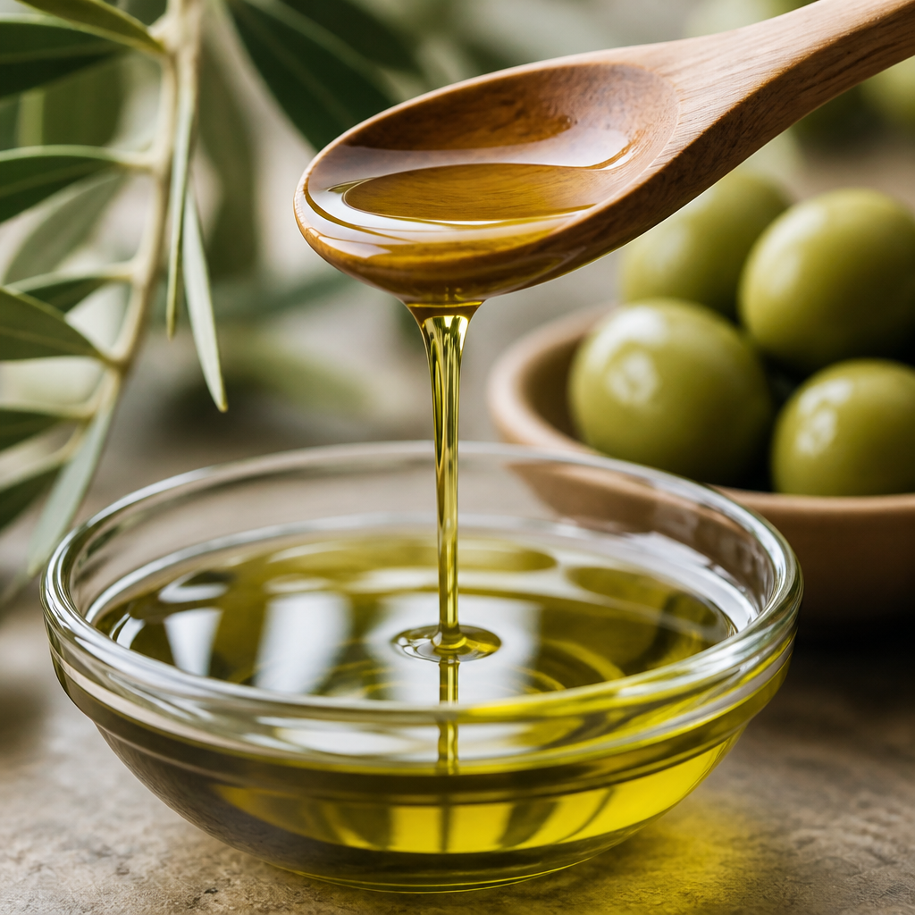 Detalle de aceite de oliva ecológico goteando de una cuchara de madera