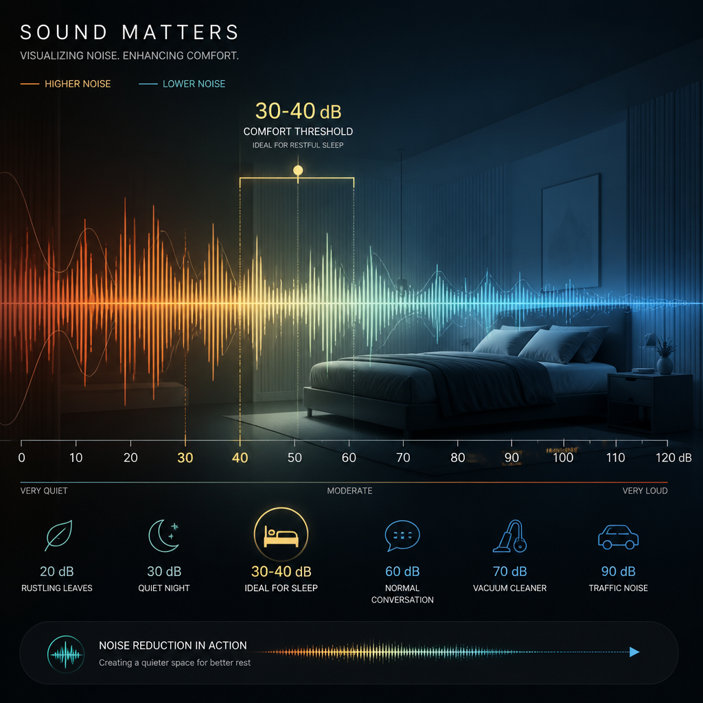 Abstract visualization of sound waves and decibel measurements with bedroom silhouette