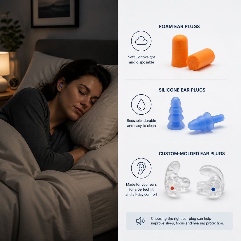 Split-screen showing peaceful sleep environment and different ear plug type icons
