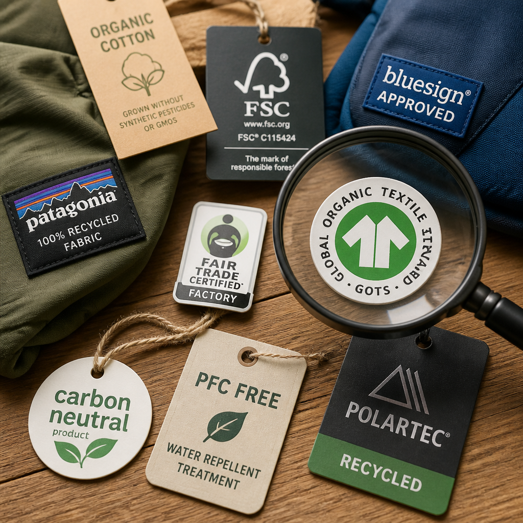 Product labels and certified sustainability badges on outdoor gear examined with a magnifying glass