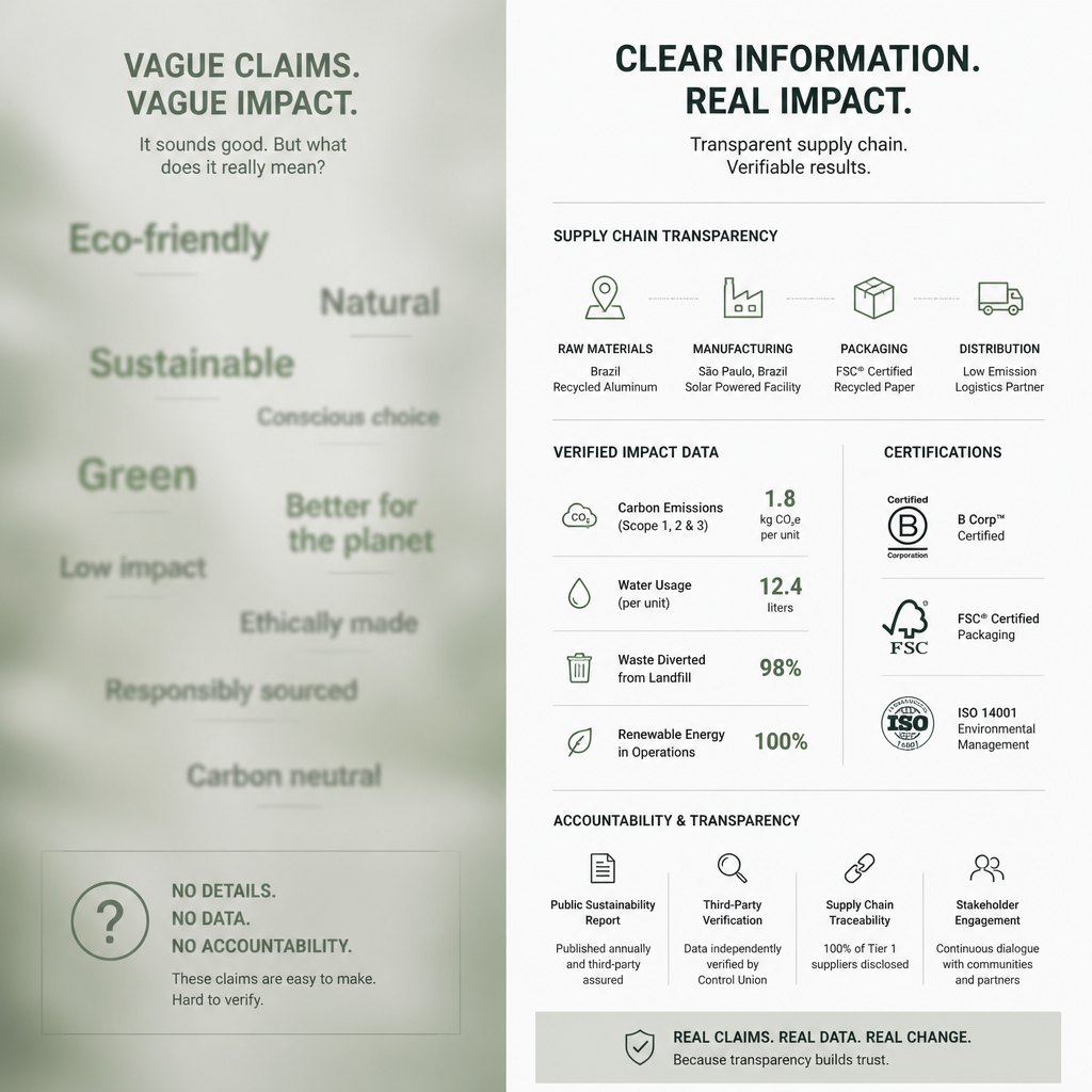 Visual comparison of vague greenwashing claims versus transparent sustainability information