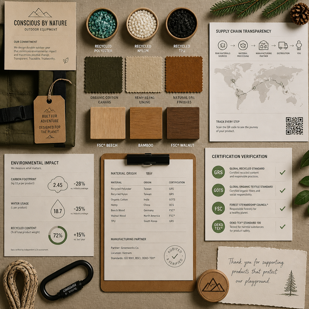 Collection of sustainable materials and transparent supply chain documentation for eco-friendly outdoor products