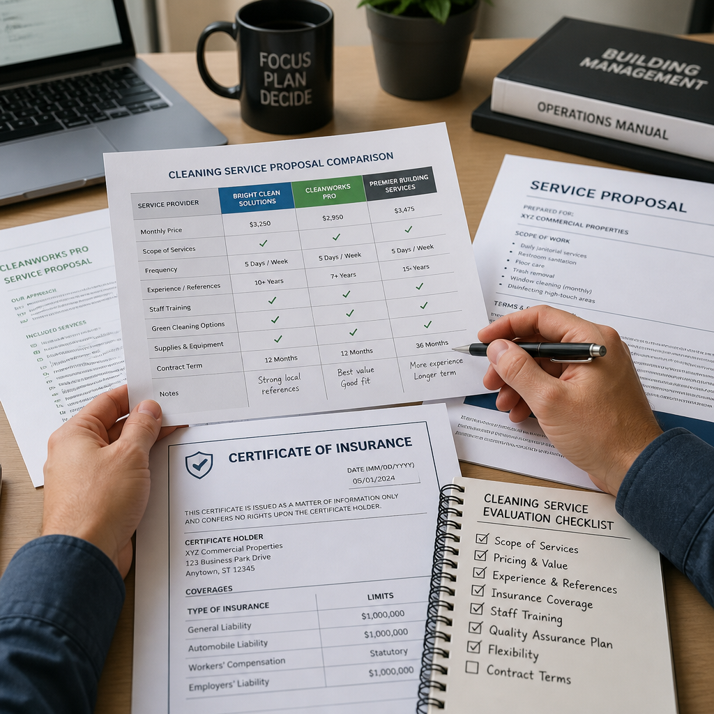 Business documents and cleaning service contracts being reviewed on a desk with comparison notes