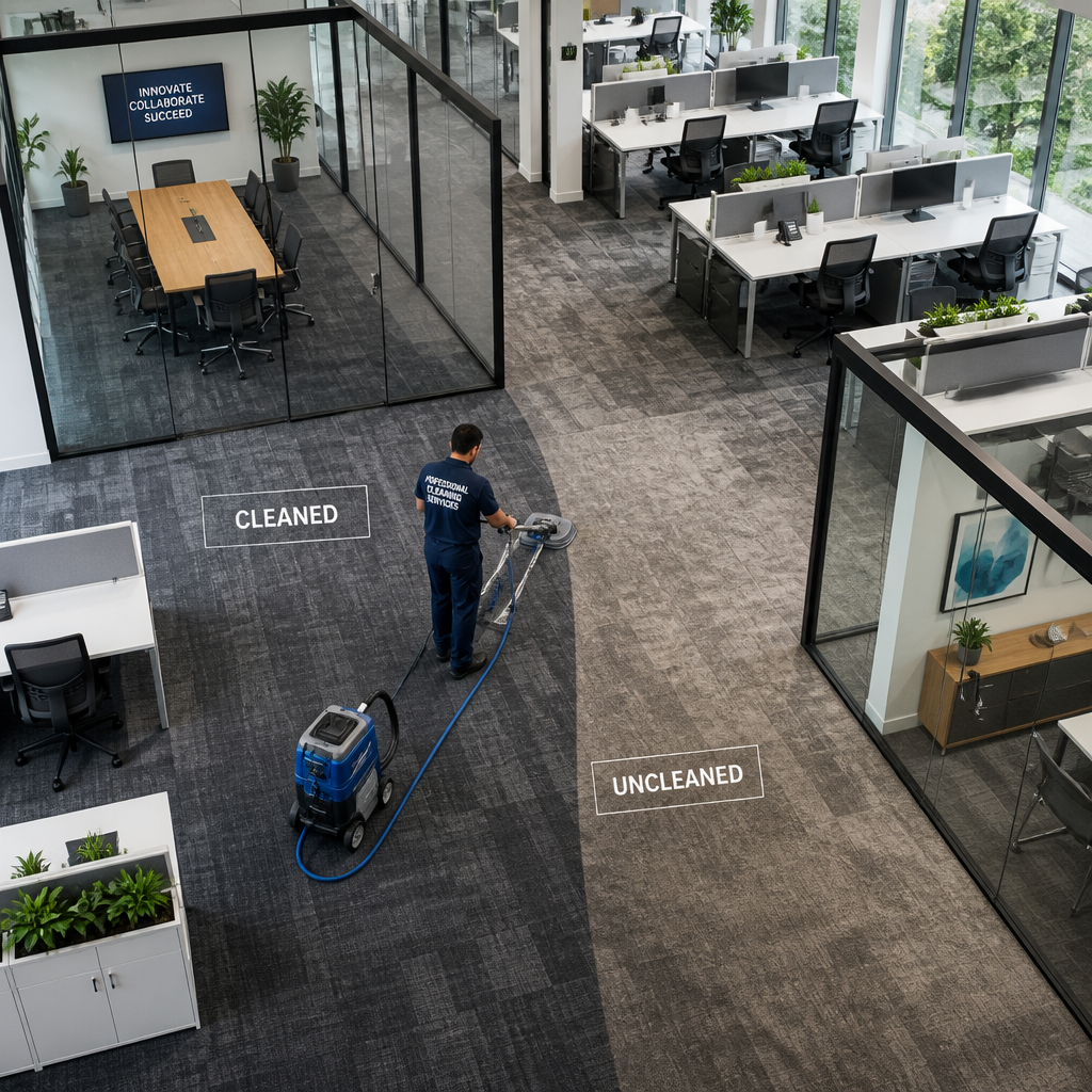 Professional commercial cleaning in progress across a modern office workspace